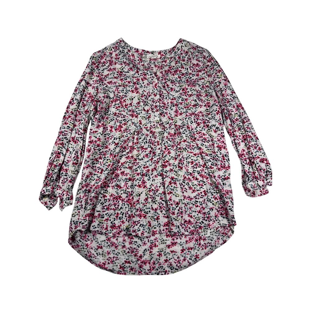 BeachLunchLounge Floral Blouse Women L Viscose Pink Black Long Sleeve Boho Tunic